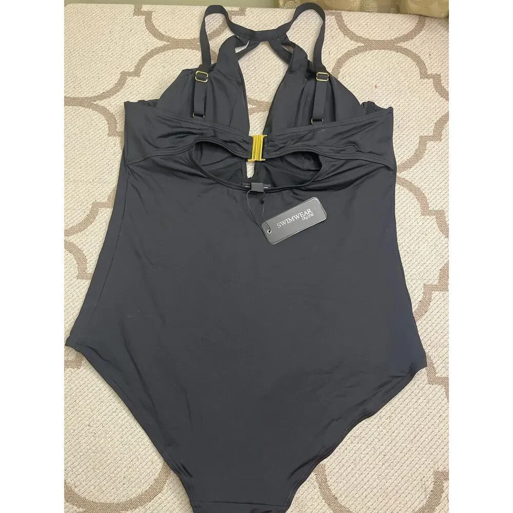 City Chic Cancun Underwire one-piece swimsuit black plunging neckline,size large